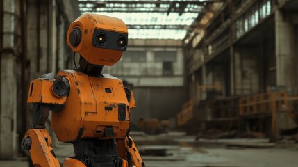 Rusty Orange Robot in Abandoned Factory Setting