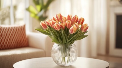 A vibrant bouquet of orange tulips in a clear vase on a table in a cozy living space.