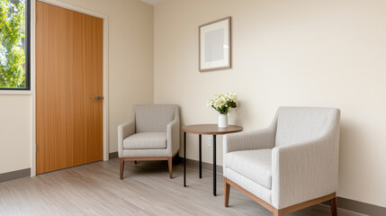 hospital medicine wellness concept. Minimalist mental wellness room with armchairs, table, and calming decor