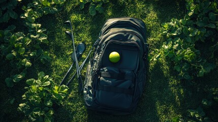 Golf backpack with clubs and ball on grassy field.