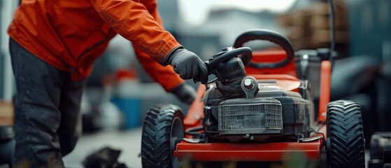 Person working on a red lawnmower.