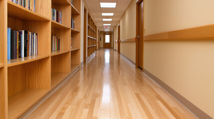 Fototapeta premium hospital medicine wellness concept. quiet hospital hallway with wooden bookshelves and polished floors