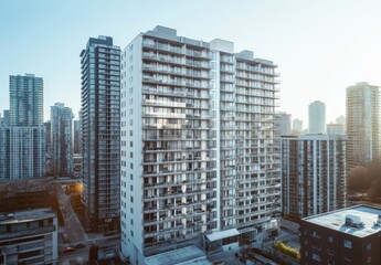 Modern Urban Landscape Featuring Tall Apartment Buildings in a City with Clear Sky and Warm Light Reflecting on Glass Facades at Dawn