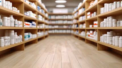 hospital medicine wellness concept. modern pharmacy with wooden shelves, organized medicine, and clean, well lit environment