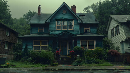 Old teal house on a rainy day, surrounded by greenery.