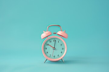 Vintage Pink Alarm Clock on a bright Turquoise Background. Retro alarm clock on a light blue backdrop. Nostalgic. Deadline time concept. Daily routine. 70s Retro Plastic Clock. Time management