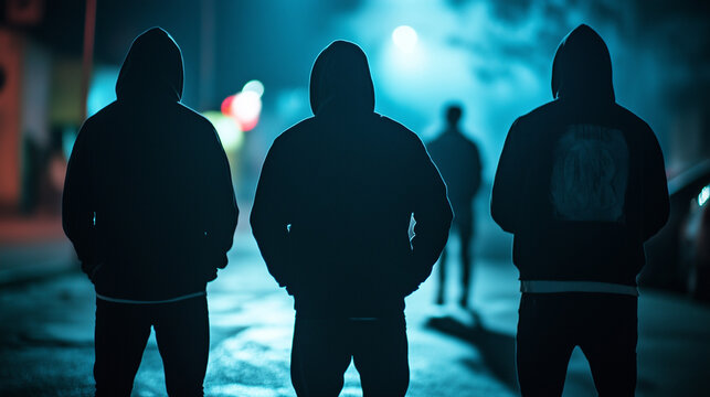 A group of youths or gang members wearing hoodies in a bleak urban setting at night, there is a sense of danger or criminal intent, wide aspect 25:14