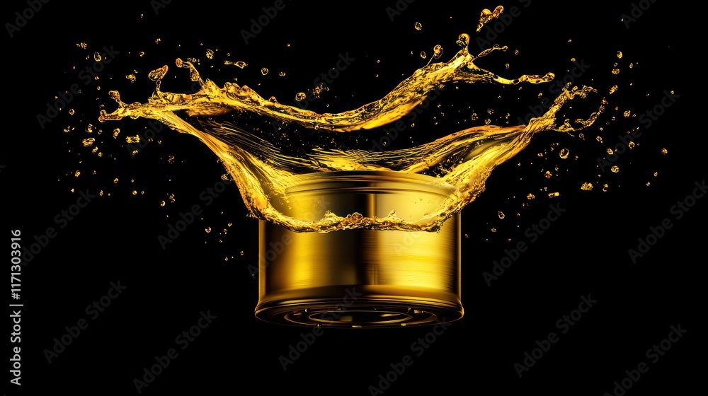 Aufkleber a golden can surrounded by splashes of liquid, emphasizing freshness and quality.
