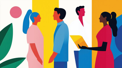 hospital medicine wellness concept. colorful illustration of people interacting at wellness fair