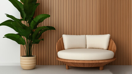 hospital medicine wellness concept. cozy modern lounge chair with white cushions beside potted plant in minimalist room