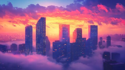 Fototapeta premium City skyline at sunrise or sunset, with a colorful sky and clouds, floating above a layer of fog or mist. Urban landscape, aerial view.
