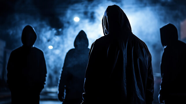 A group of youths or gang members wearing hoodies in a bleak urban setting at night, there is a sense of danger or criminal intent, wide aspect 25:14