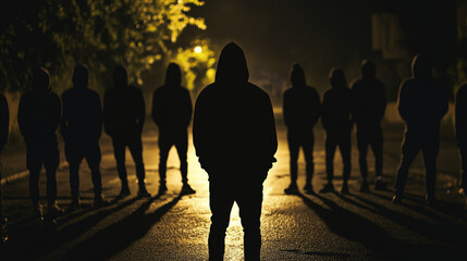 A group of youths or gang members wearing hoodies in a bleak urban setting at night, there is a sense of danger or criminal intent, wide aspect 25:14