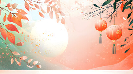 festive layout of Chinese lanterns surrounded by autumn leaves and soft glowing background, creating warm and inviting atmosphere