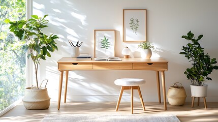 Fototapeta premium Sunlit minimalist home office with wooden desk, plants, and stool.