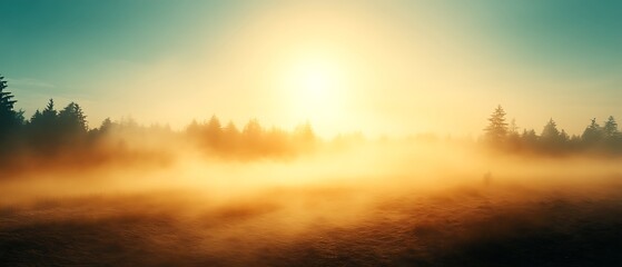 Misty sunrise over a forest.