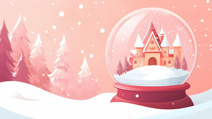 Beautiful snow globe with snowy landscape, winter home castle and trees on a christmas themed background copy space. Snowglobe. Illustration
