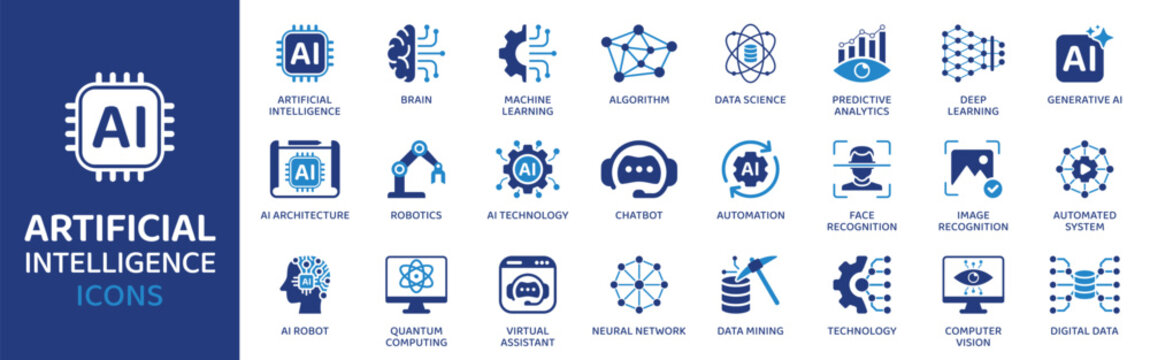 Artificial intelligence  - Icon Collection. Thin Line Set contains such Icons as Ai Architecture, Brain, Robotics, Machine Learning, Ai Technology, Algorithm and more. Simple web icons set.