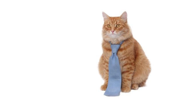 Ginger Cat wearing blue tie . Funny gentleman cat in a blue tie. Copy space. Smart cat. Day of knowledge, study, science student.
