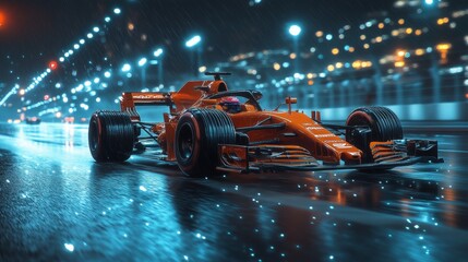Orange Formula 1 race car speeding on a wet track at night.