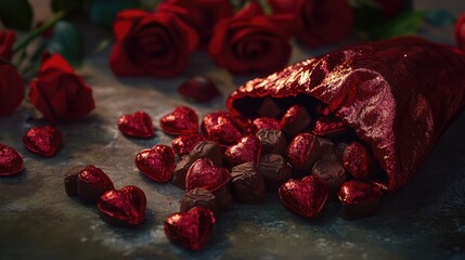Fototapeta premium Heart-shaped chocolates wrapped in red foil, spilling from a velvet pouch onto a rose-covered table