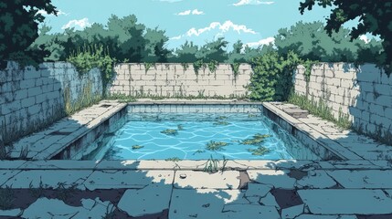 Fototapeta premium Overgrown Abandoned Pool Encased In Stone Walls