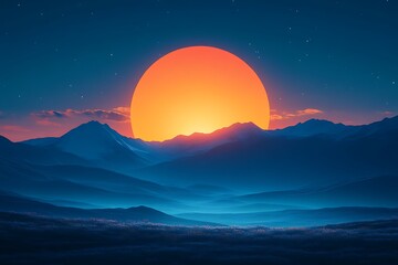 Fototapeta premium Giant orange sun setting behind majestic mountains.