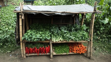 Fresh produce stall with various vegetables and peppers under a simple bamboo shelter.