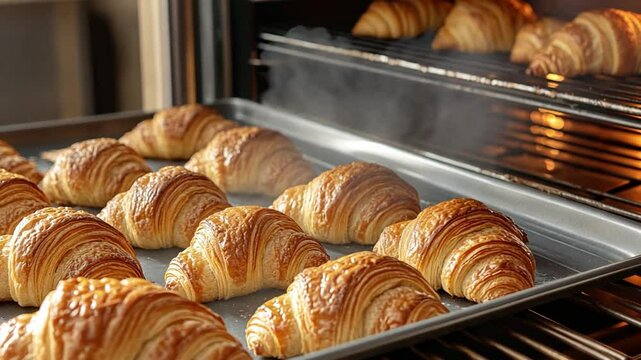 Golden croissants baking in oven