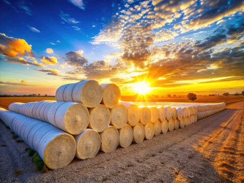 High-resolution image: sun-baked Bourke cotton bales, a striking portrayal of rural agricultural storage.