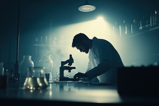A scientist in a lab coat working with a microscope