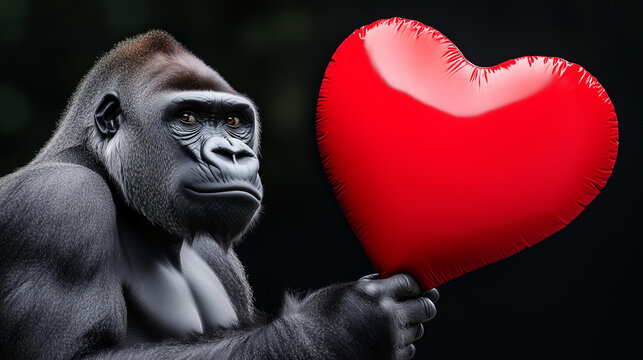 A gorilla holding a red heart