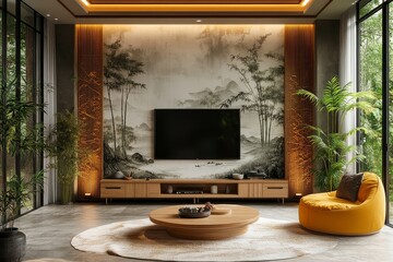 Fototapeta premium Modern Minimalist TV Background Wall with Bamboo Ink Drawing, Gray and White Colors, Light Wood Top, Yellow Armchair for Relaxation, Elegant Eastern Aesthetic