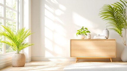 Sunlit room interior with wooden cabinet, plants, and window.