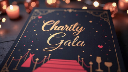 Charity gala invitation on black background with red carpet and golden decorations