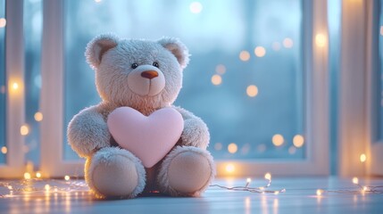 A cute teddy bear holding a heart sits amidst soft lights, evoking warmth and affection.