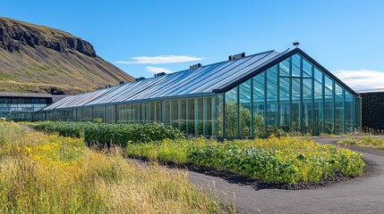 Obraz premium A greenhouse with glass walls surrounded by greenery and mountains under a clear blue sky.
