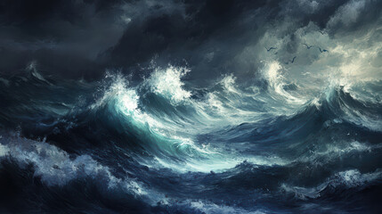 close up of stormy sea with dark waves crashing against each other, creating dramatic and turbulent atmosphere. scene evokes sense of power and nature raw beauty