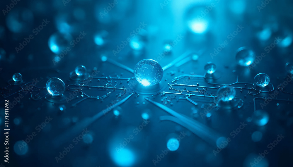 Fototapete futuristic blue technology concept with drops on a circuit board representing connectivity and innov