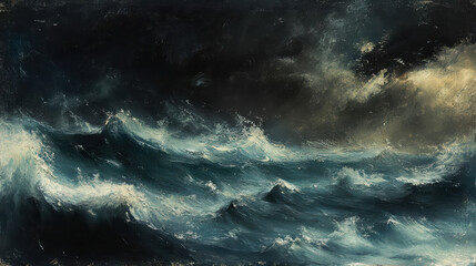 Naklejka premium dramatic seascape depicting stormy sea with dark, turbulent waves crashing against each other. ominous clouds and contrasting light create sense of intensity and movement