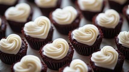 Miniature chocolate cakes shaped as hearts, with intricate white chocolate piping and rose-flavored cream filling