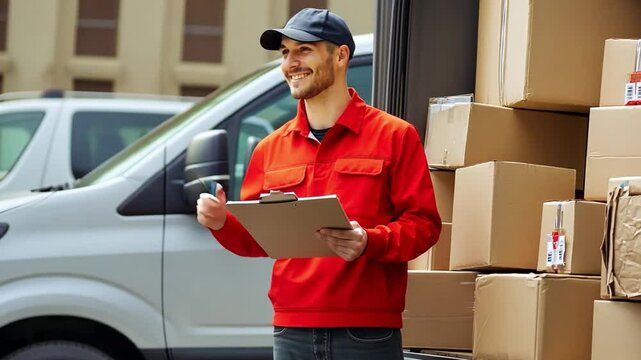 Deliveryman checking cardboard boxes near van
