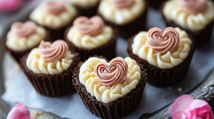 Miniature chocolate cakes shaped as hearts, with intricate white chocolate piping and rose-flavored cream filling