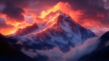 Majestic snow-capped mountain peak at sunset, vibrant sky.