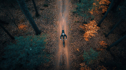 riding a mountainbike during spring in the forest during midnight with a birds eye view 