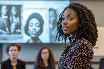 Young woman in seminar with historical photos backdrop