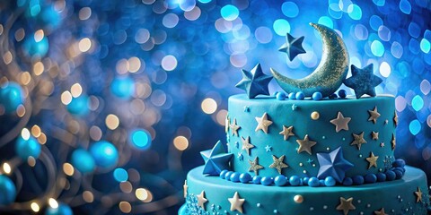 Low-light birthday cake photography: a celestial blue crescent moon and star bokeh masterpiece.