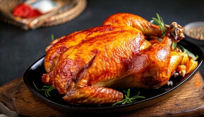 Juicy and tender whole roast chicken with golden, crispy skin. Perfectly cooked for gourmet meals, family dinners, and holiday feasts.