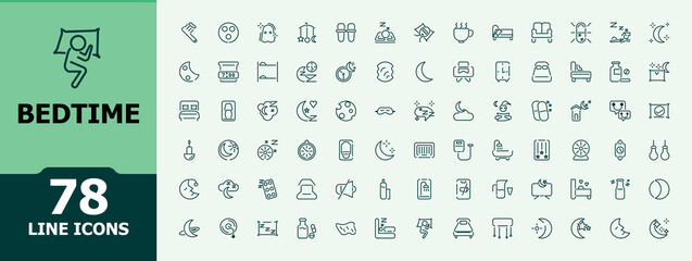 Bed Time icon set. Contains such icons as nap, sleep, bedtime, table, rest, star, bed and more. Perfect for logos and infographics. Vector illustration in minimalist line style.