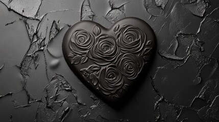 Monochrome image of a chocolate heart with embossed rose patterns, highlighting textures and depth